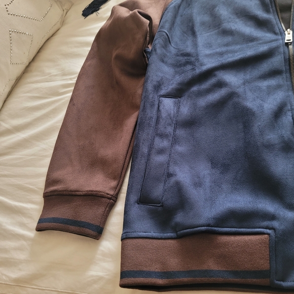 BEN SHERMAN Faux Suede Bomber Jacket Navy and Brown  Size: XL - Picture 4 of 7